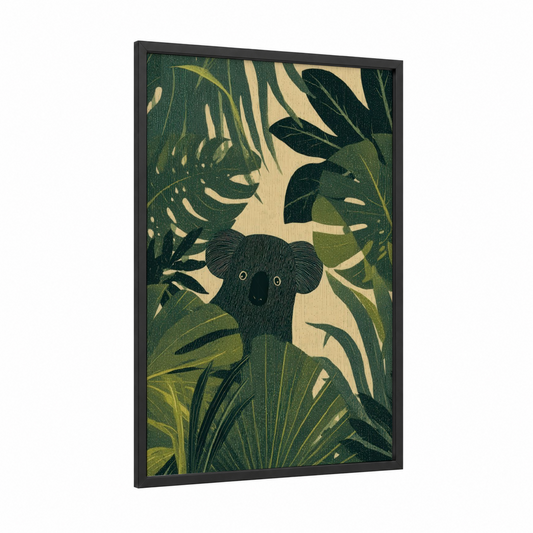 Jungle Koala framed art print — black wood frame — dark green and cream palette