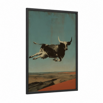 Flying Jersey Cow framed art print — black wood frame — teal and russet palette