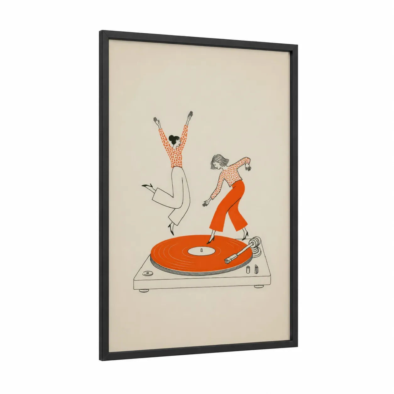 Retro Dancing Figures Turntable Wall Art framed dance print — black wood frame — orange and beige palette