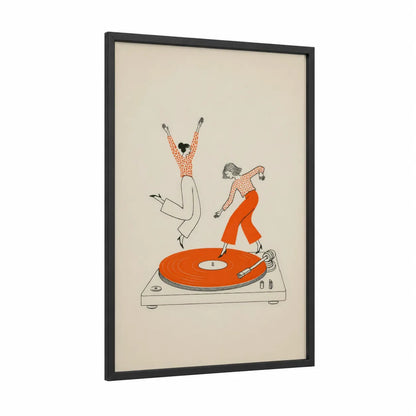 Retro Dancing Figures Turntable Wall Art framed dance print — black wood frame — orange and beige palette
