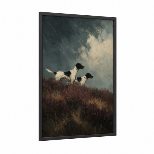 Hunting Pointers framed art print — black wood frame — gray and russet palette