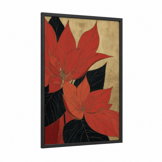 Crimson Poinsettia framed poinsettias print — black wood frame — red and gold palette