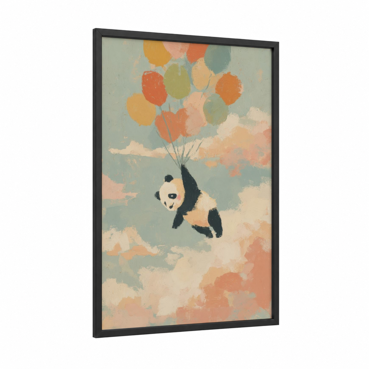 Floating Panda framed art print — black wood frame — peach and light green palette