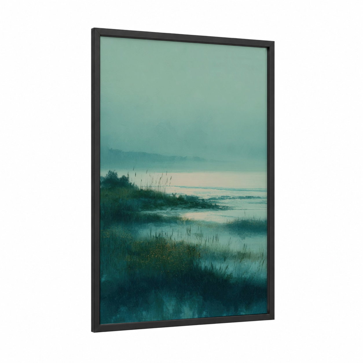 Misty Coastal Dawn framed seascapes and ocean print — black wood frame — teal and sage green palette
