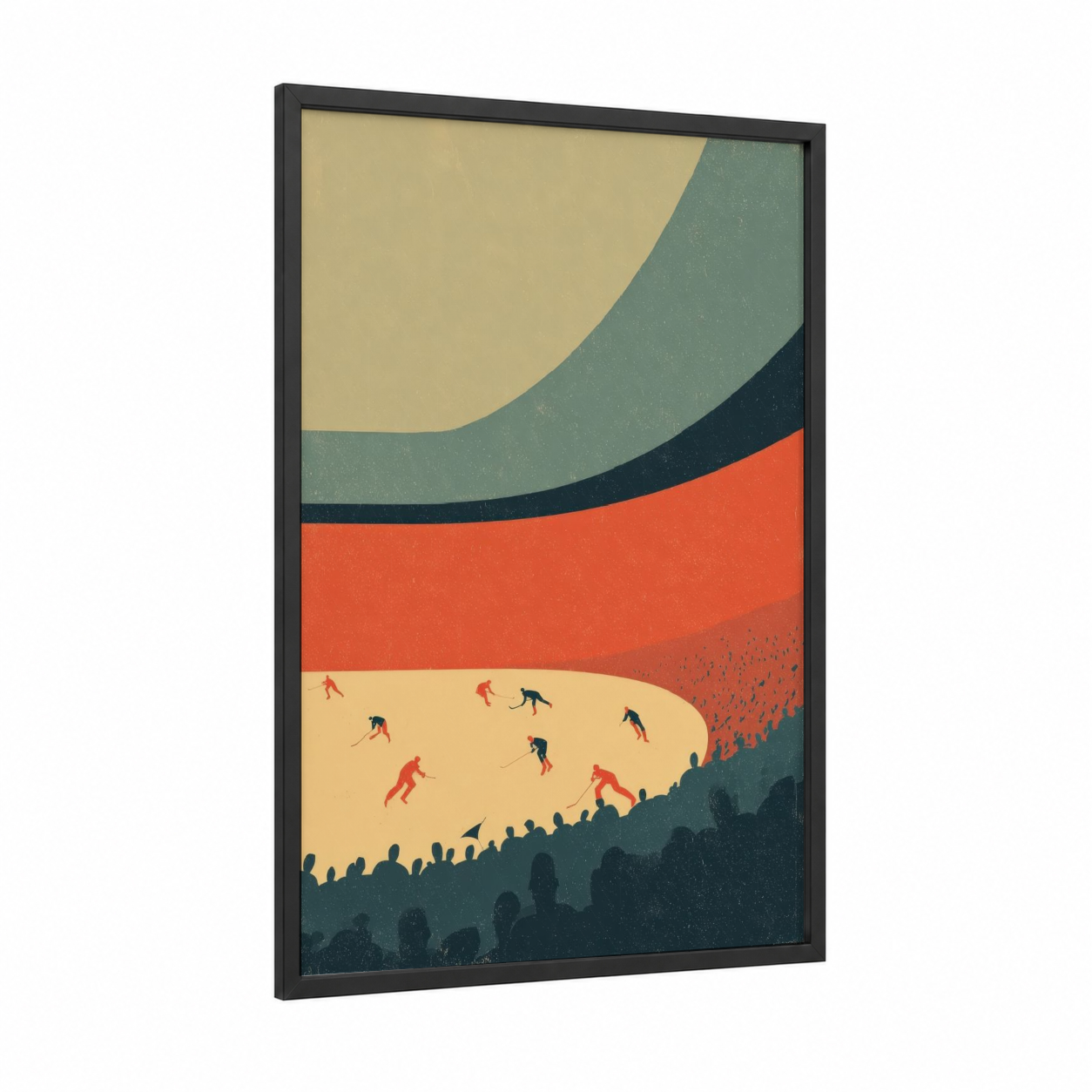 Dynamic Hockey Clash framed ice hockey print — black wood frame — orange and teal palette
