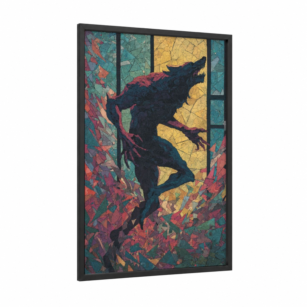 Crimson Werewolf framed art print — black wood frame — magenta and teal palette