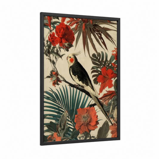 Cockatiel Tropical Garden framed art print — black wood frame — red and cream palette