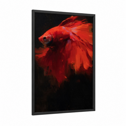 Crimson Betta Fish framed fighting fish print — black wood frame — red and black palette