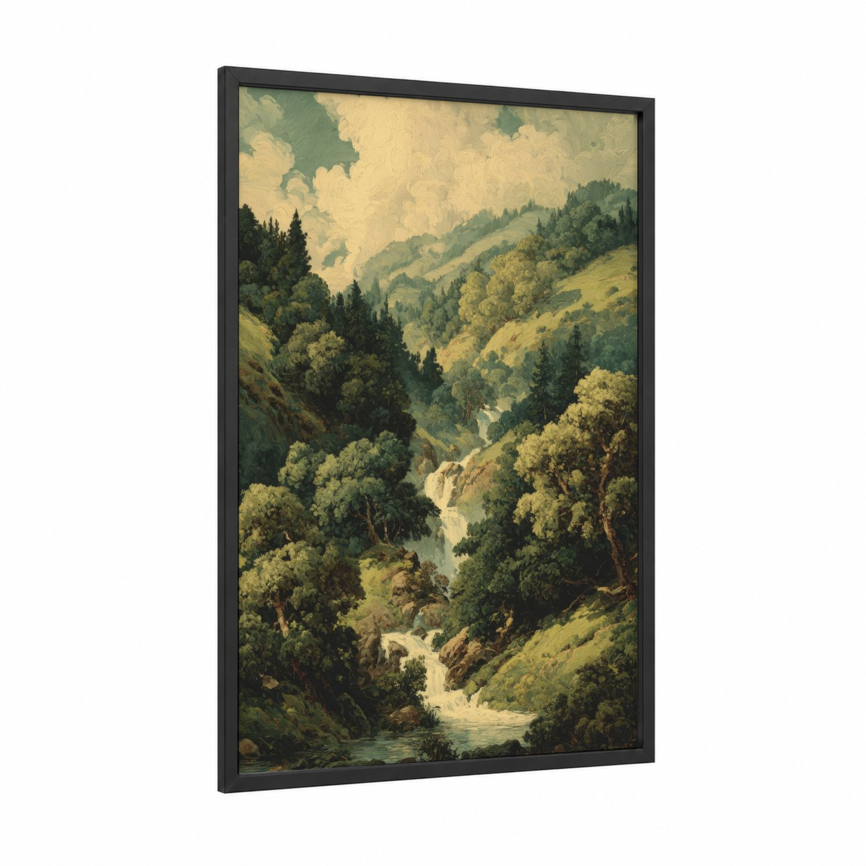 Alpine Valley Stream framed green field print — black wood frame — light green and cream palette