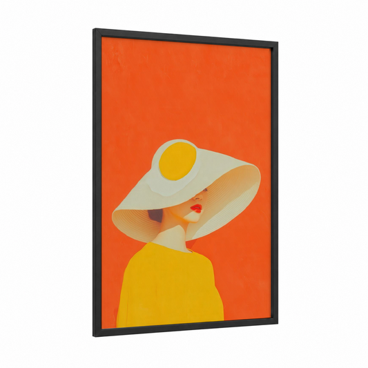 Sunny Sophisticate framed women's fashion print — black wood frame — yellow gold and orange palette