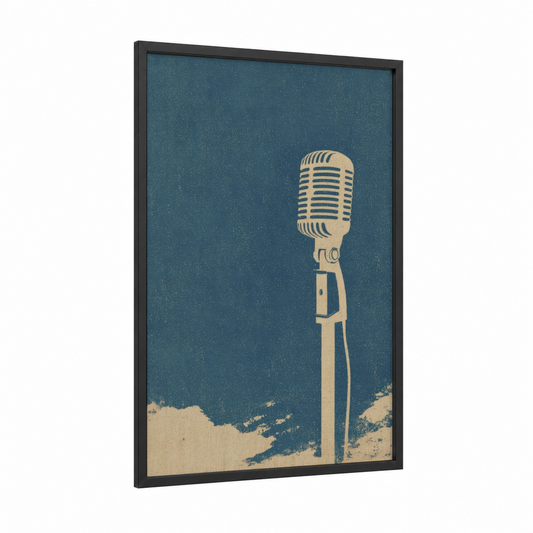 Vintage Microphone framed art print — black wood frame — teal and cream palette