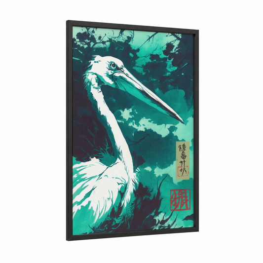 Emerald Pelican framed art print — black wood frame — teal and white palette