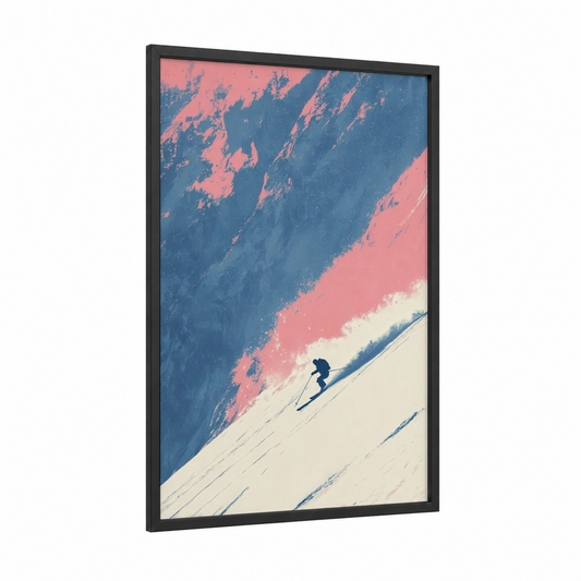Alpine Descent framed skiing print — black wood frame — salmon pink and royal blue palette