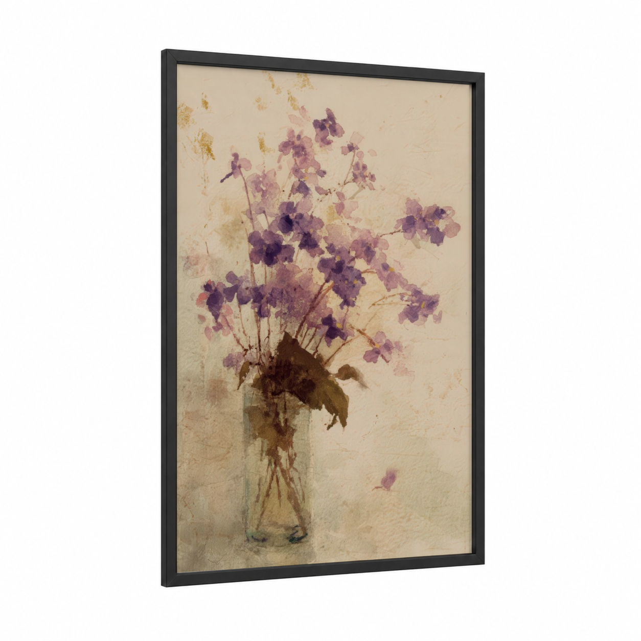 Purple Violets Arrangement framed art print — black wood frame — lavender and cream palette