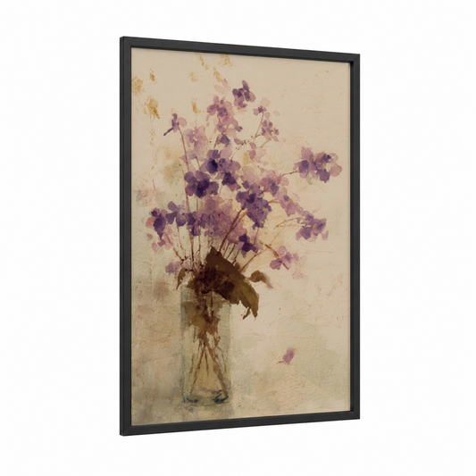 Purple Violets Arrangement framed art print — black wood frame — lavender and cream palette