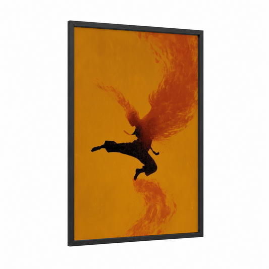 Fiery Taekwondo framed art print — black wood frame — gold and red palette