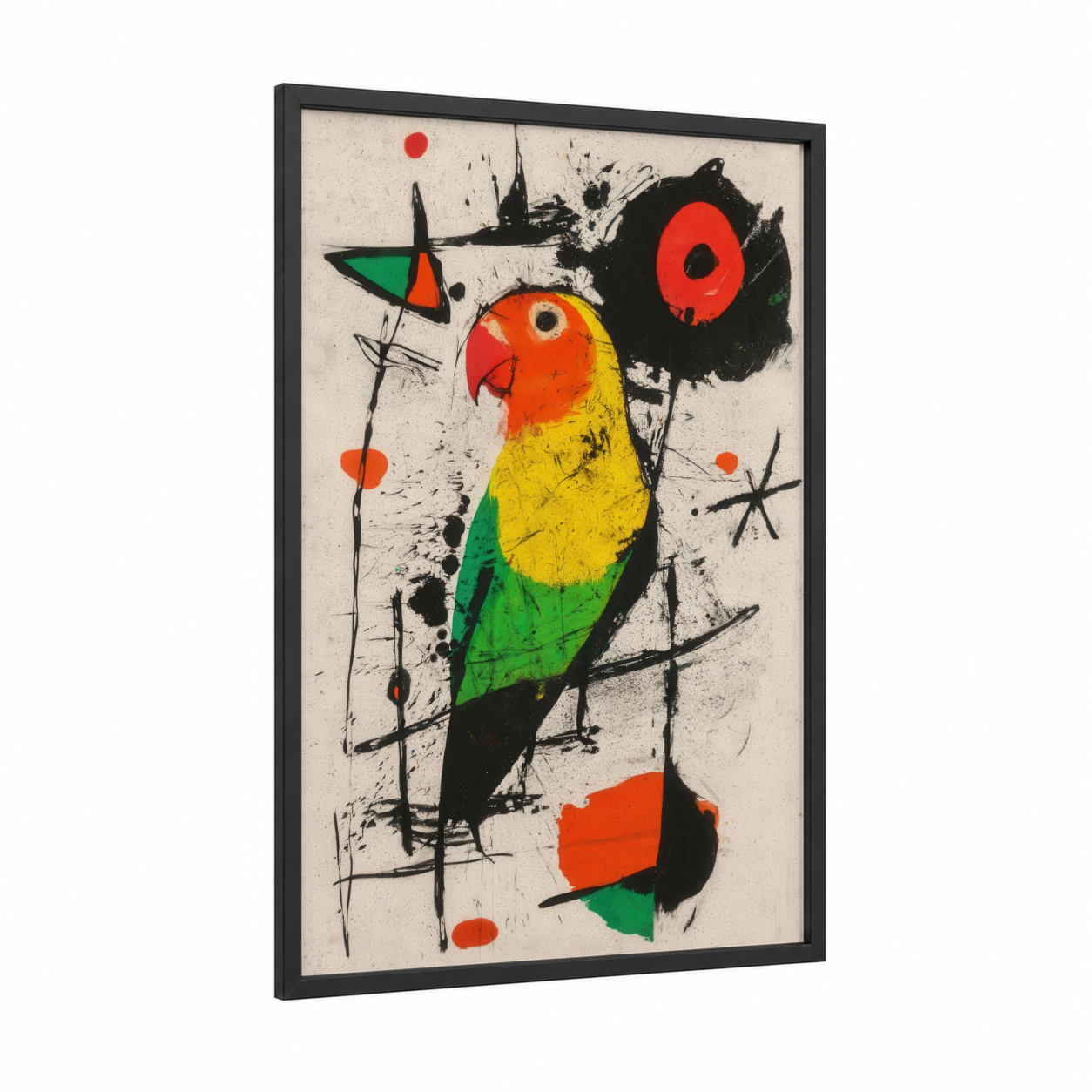 Vibrant Parrot Expressionism framed safari parrots print — black wood frame — black and gold and red palette