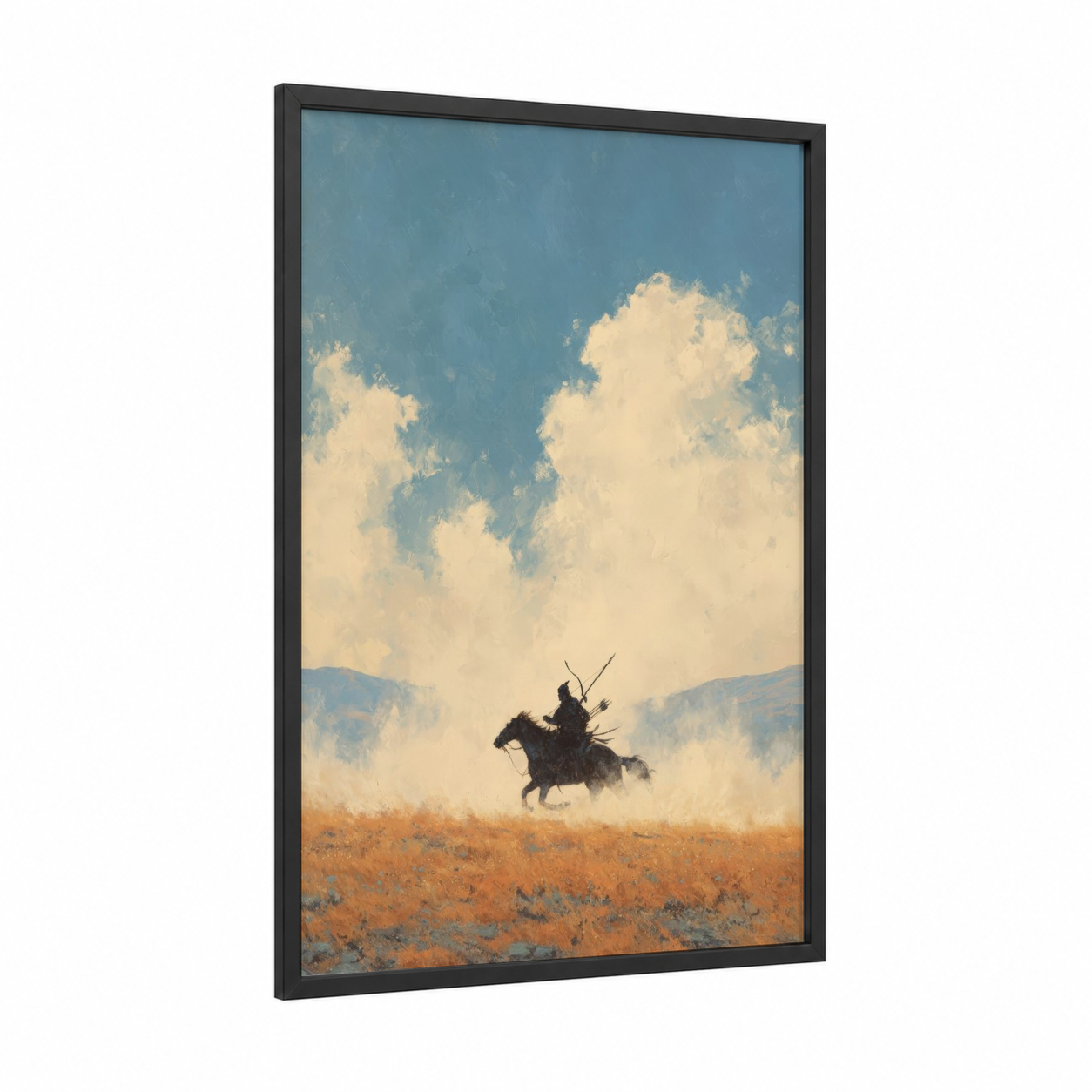 Desert Archer framed archery print — black wood frame — blue and gold palette