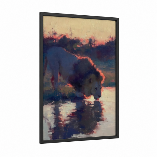 Sunset Lion framed art print — black wood frame — gold palette