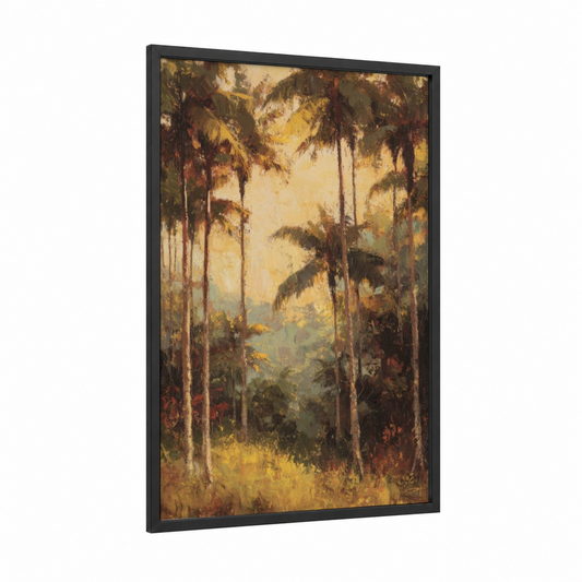 Golden Palm Forest framed art print — black wood frame — gold and brown palette
