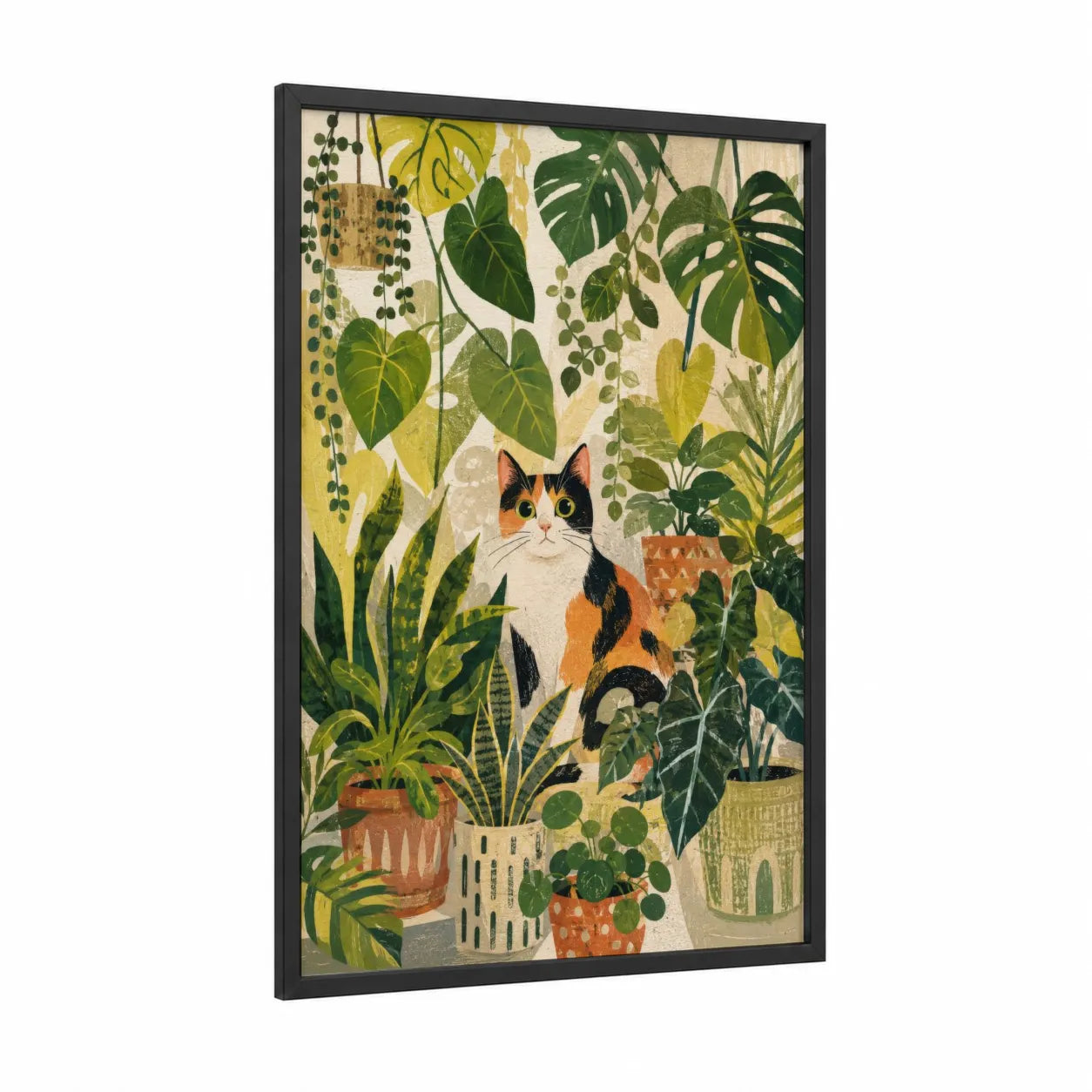Calico Cat in Botanical Garden Wall Art framed art print — black wood frame — green and beige palette