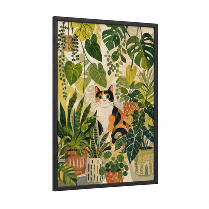 Calico Cat in Botanical Garden Wall Art framed art print — black wood frame — green and beige palette