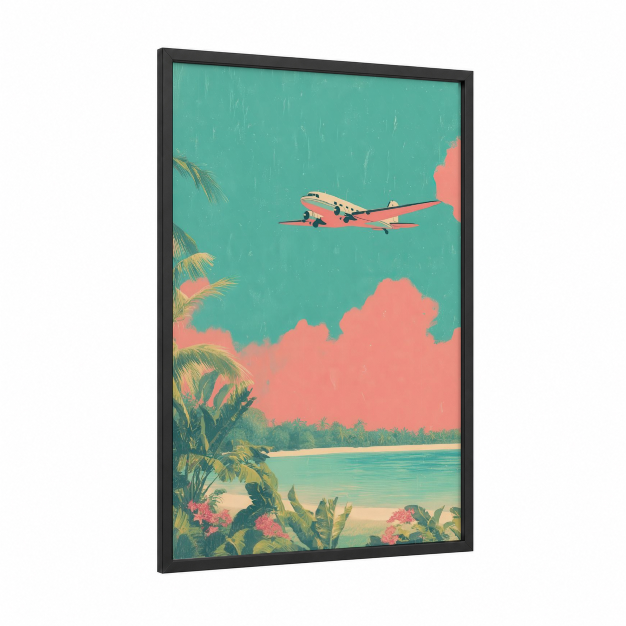 Tropical Getaway framed commercial plane print — black wood frame — turquoise and salmon pink palette