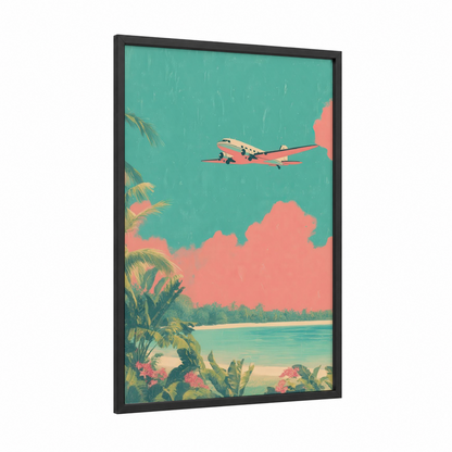 Tropical Getaway framed commercial plane print — black wood frame — turquoise and salmon pink palette
