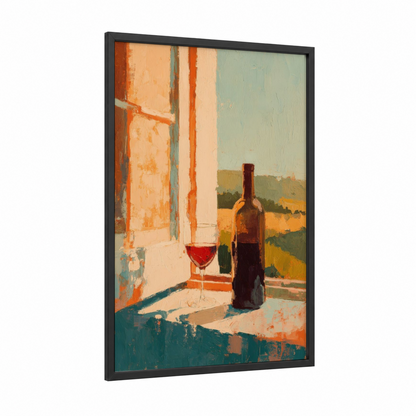 Tuscan Wine Window framed red wine print — black wood frame — orange and sage green palette