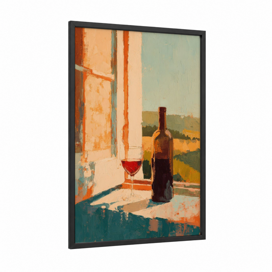Tuscan Wine Window framed red wine print — black wood frame — orange and sage green palette