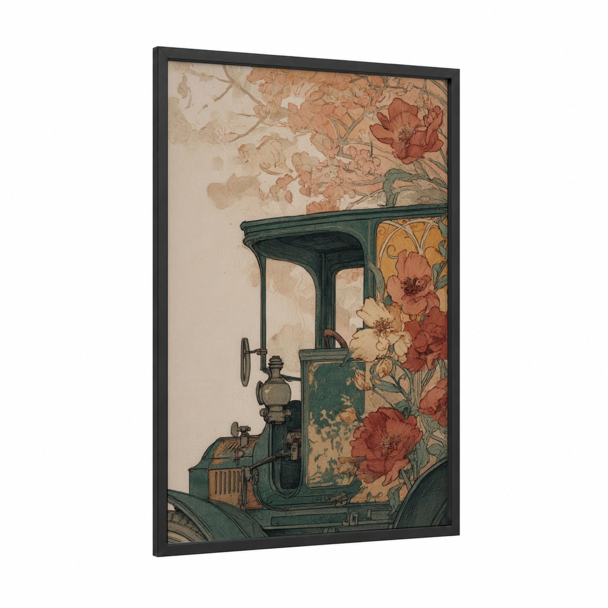 Vintage Truck Florals framed art print — black wood frame — russet and beige palette