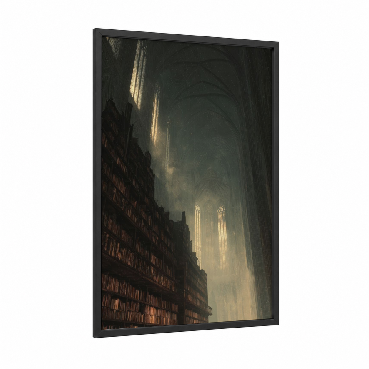 Sacred Sanctuary Light framed monastery print — black wood frame — gold and black palette