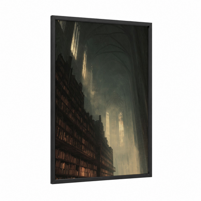 Sacred Sanctuary Light framed monastery print — black wood frame — gold and black palette