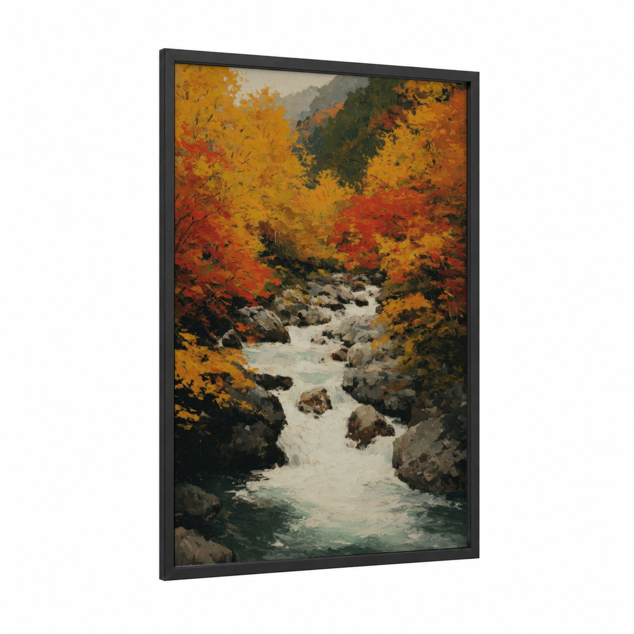 Autumn River Stream framed rivers print — black wood frame — gold and orange palette