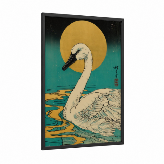 Moonlit Swan framed art print — black wood frame — gold and teal palette
