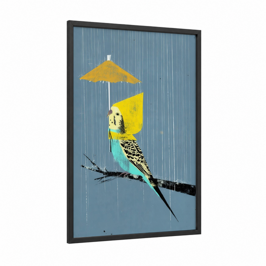 Rainy Day Budgerigar framed budgeridar print — black wood frame — blue and yellow gold palette