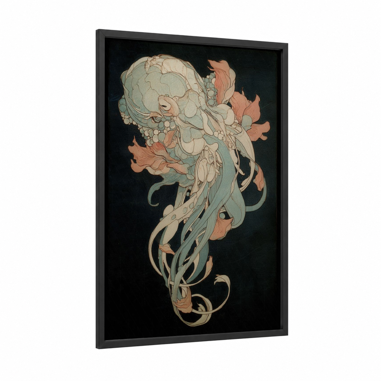 Coral Squid Dream framed art print — black wood frame — cream and salmon pink palette