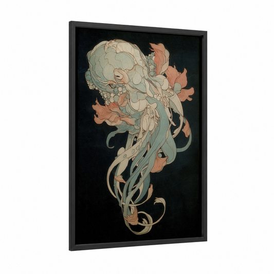 Coral Squid Dream framed art print — black wood frame — cream and salmon pink palette