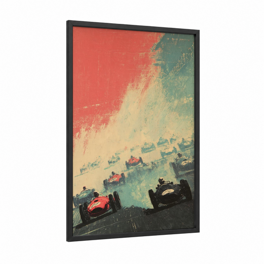 Vintage Grand Prix framed auto racing print — black wood frame — red and teal palette