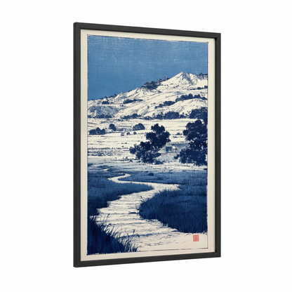 Snowy Mountain Valley framed various landscapes print — black wood frame — blue and white palette