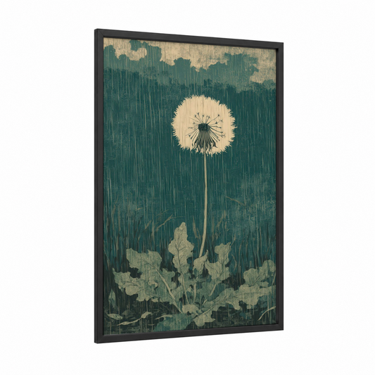 Seedhead Dandelion framed art print — black wood frame — teal and cream palette
