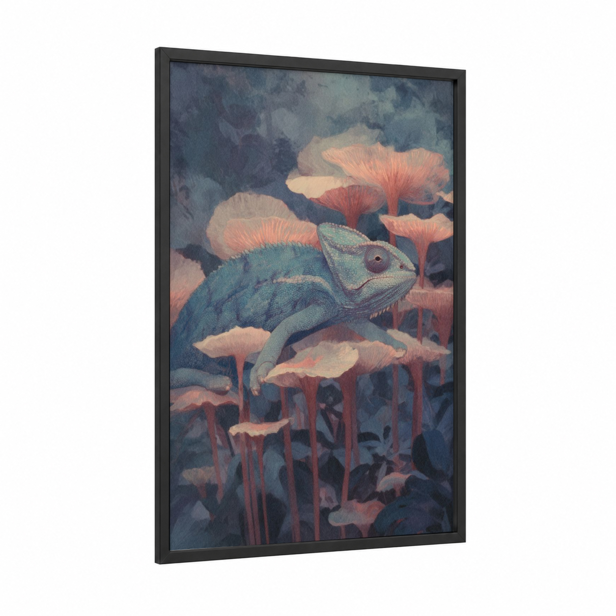 Turquoise Chameleon framed art print — black wood frame — blue and salmon pink palette