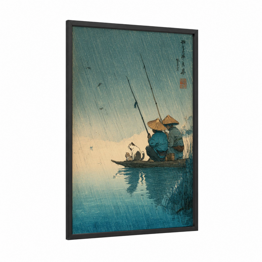 Rainy Fishing Scene framed art print — black wood frame — blue and cream palette