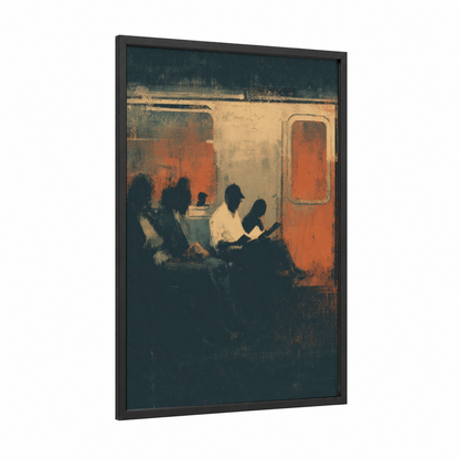 Subway Readers framed reading print — black wood frame — gold and dark blue palette