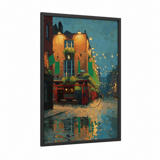 Dublin Street Evening framed st. patrick's day print — black wood frame — gold and blue palette