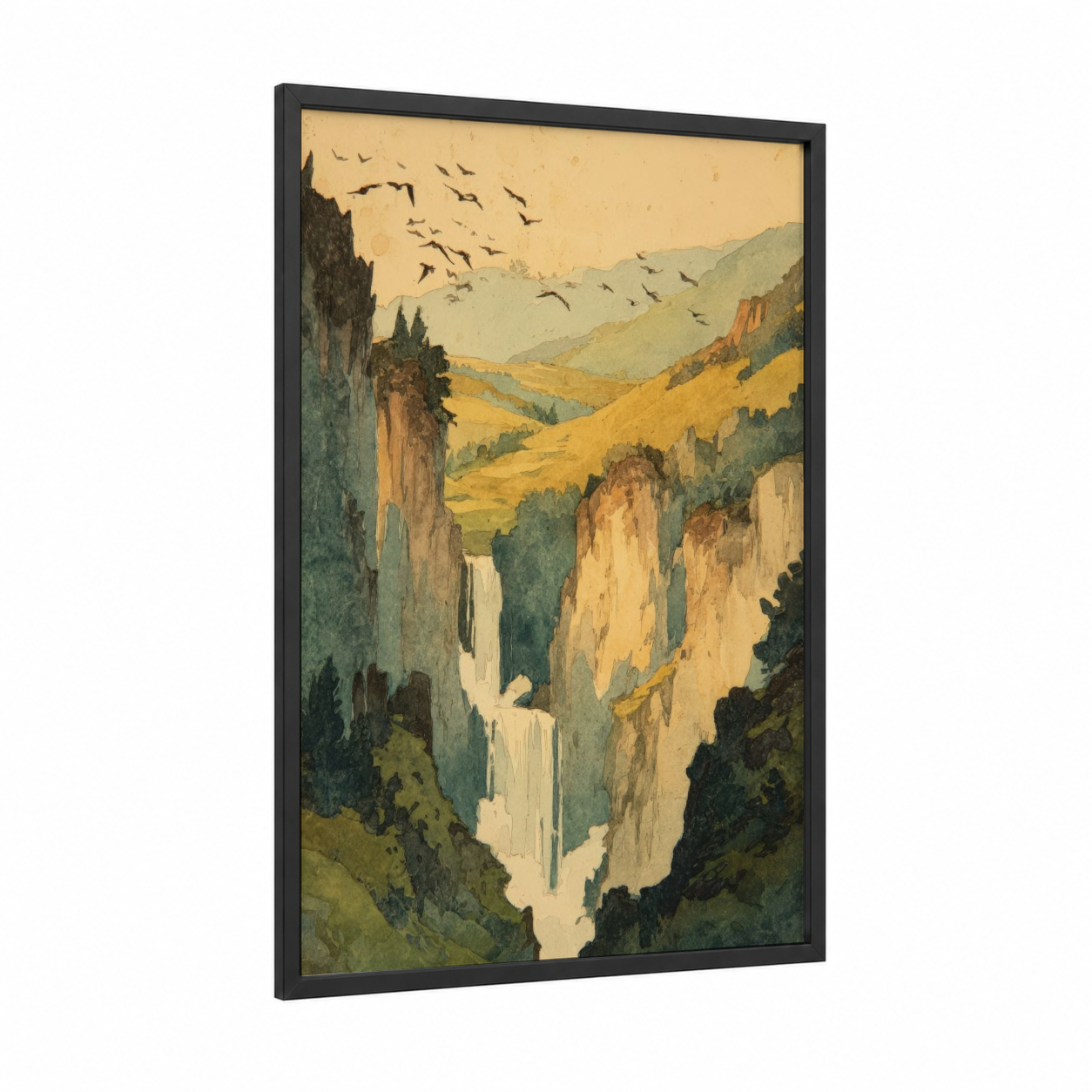 Canyon Waterfall framed art print — black wood frame — gold and dark green palette