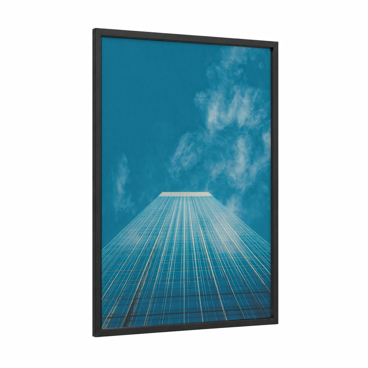 Skyward Skyscraper framed art print — black wood frame — blue and white palette