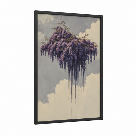 Floating Wisteria framed art print — black wood frame — purple and cream palette
