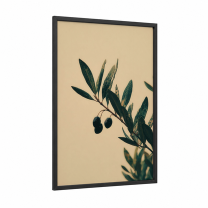 Olive Branch Study framed olive tree print — black wood frame — dark green and cream palette