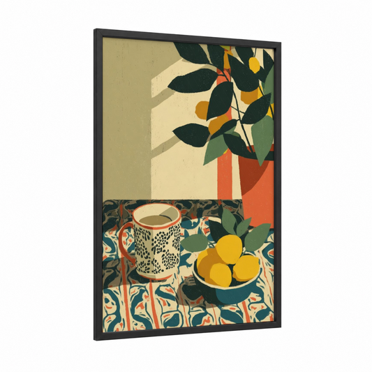 Morning Tea Ritual framed art print — black wood frame — gold and dark green palette